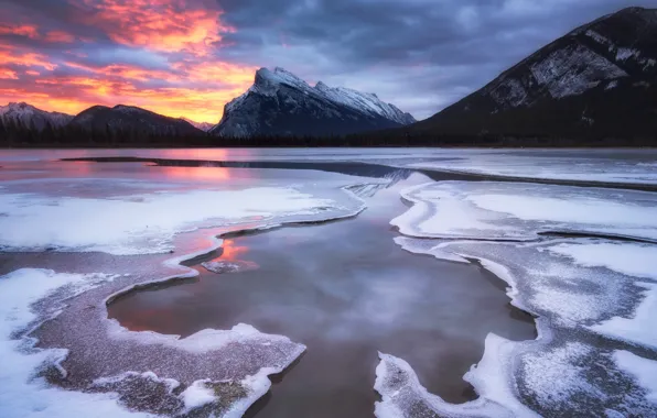 Picture winter, the sky, sunset, mountains, lake, river, ice