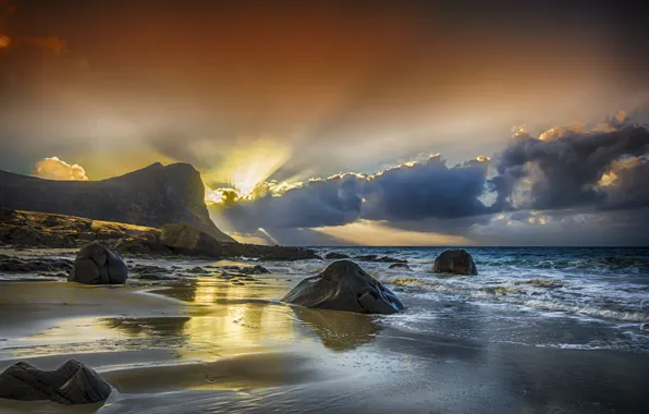 Picture sea, the sky, rays, sunset, clouds, stones, rocks, tide