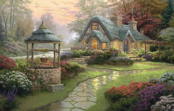 Picture forest, flowers, track, Landscape, painting, cottage, Thomas Kinkade, Make A Wish Cottage, well