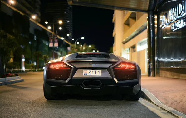 Picture Lamborghini, Reventon, Grey, Night city, Rear view, SuperCar