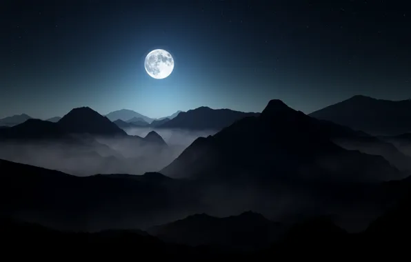 Picture the sky, landscape, mountains, night, fog, darkness, moon, landscape, mountains, stars, darkness, full moon, lighting, …