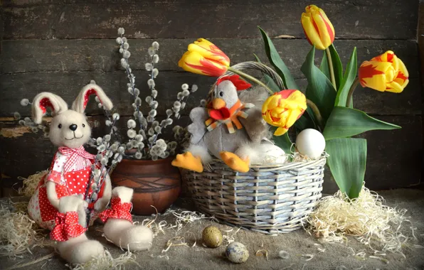Picture toys, eggs, chicken, rabbit, Easter, tulips, Verba