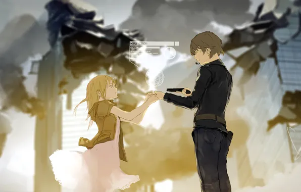 Picture girl, the city, weapons, smoke, home, anime, art, microphone, ruins, guy, loundraw