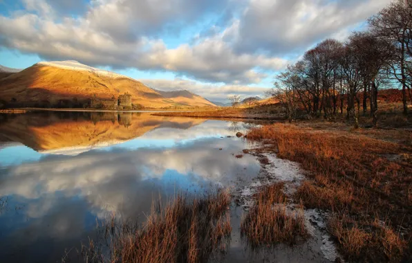 Picture autumn, grass, clouds, trees, lake, reflection, castle, shore, Scotland