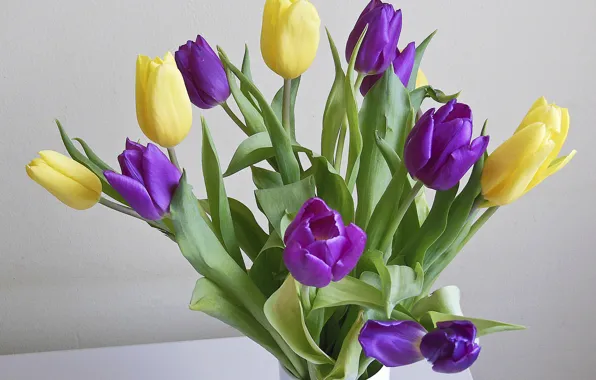 Picture bouquet, yellow, tulips, vase, lilac