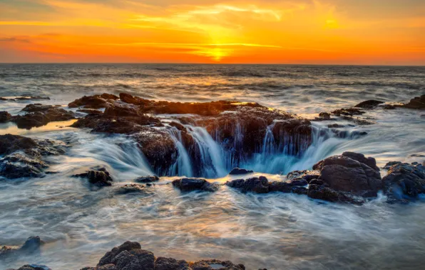 Picture sea, the sky, sunset, stones, coast, horizon, surf, USA, Oregon