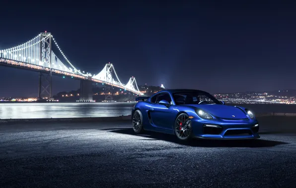 Picture Porsche, Cayman, Car, Blue, Front, Bridge, Night, Sport, GT4