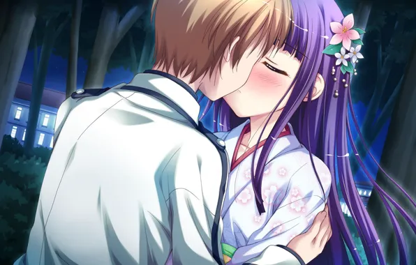 Picture night, Park, kiss, blush, kimono, two, date, art, irr is the ide is keri waga …