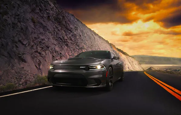 Picture Dodge, Car, Clouds, Front, Charger, American, Hellcat, SRT, 2015, Route