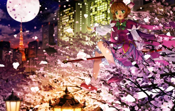 Picture the sky, girl, stars, trees, the city, branch, the moon, tower, home, anime, petals, Sakura, …