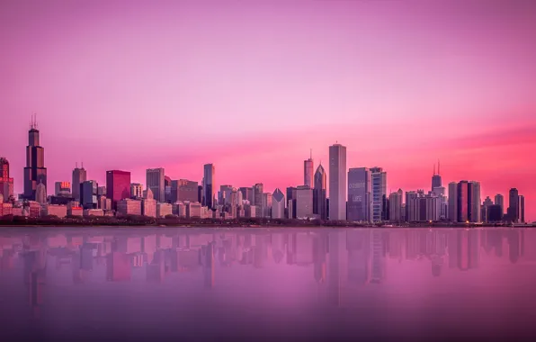 Picture sunset, reflection, mirror, horizon, Chicago, Il, lake Michigan