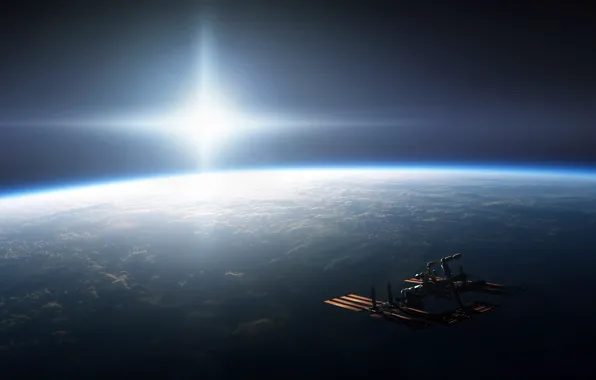 Picture the sun, light, planet, ISS, Space, Earth, brightness, the international space station