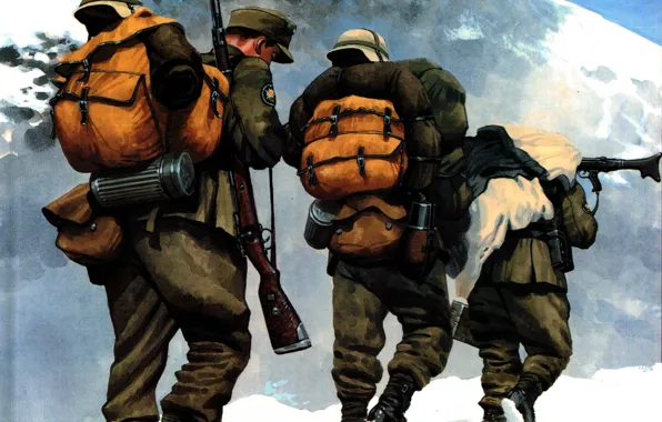 Picture snow, mountains, figure, soldiers, rifle, machine gun, ammunition, The second world war, huntsman, German