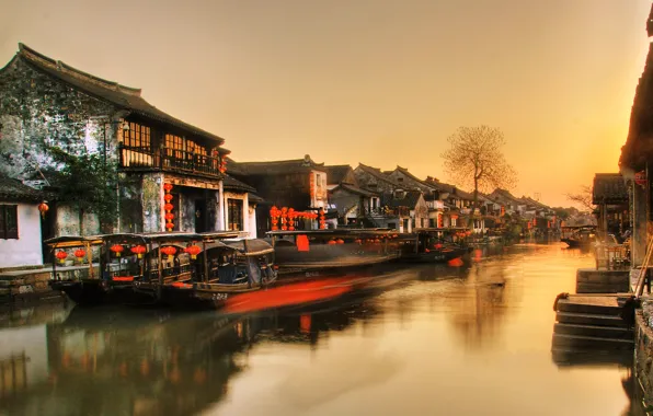 Picture the city, river, China, boats, China, old building, Zhejiang province, Xitang, Jiashan
