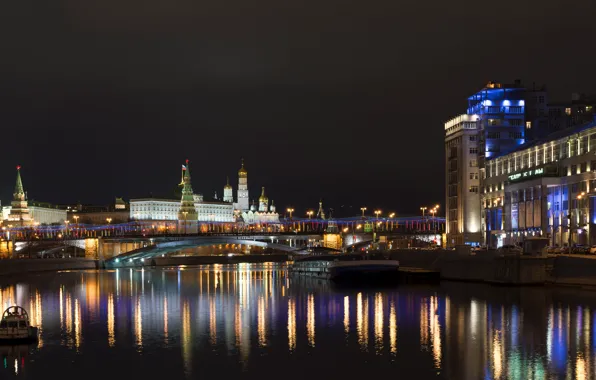 Picture night, lights, reflection, river, Moscow, The Kremlin