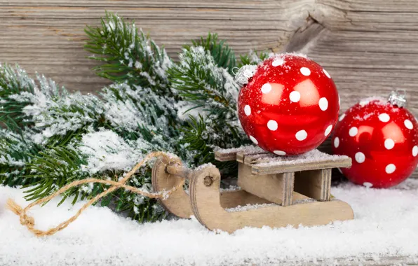 Picture winter, balls, snow, branches, toys, tree, spruce, New Year, Christmas, red, tree, sled, holidays, Christmas