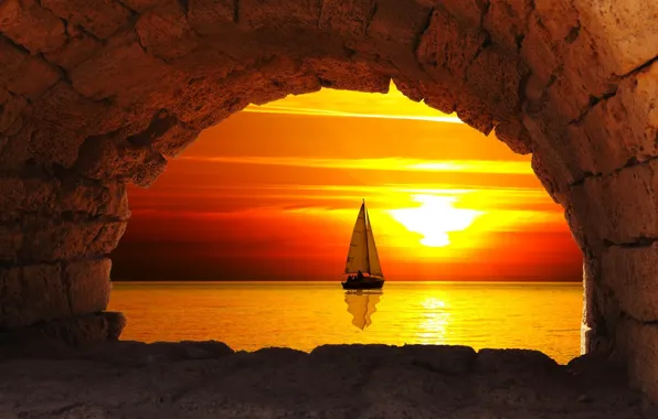Picture sea, the sun, arch, sail