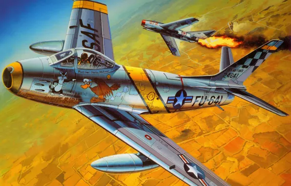Picture war, art, painting, aviation, korea, dogfight, jets, F-86 Sabre, Mig-15