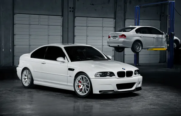 Picture white, bmw, BMW, white, workshop, lift, e46