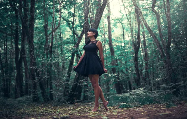 Picture girl, forest, dress, legs, trees, woman, model, mood, bokeh, situation, female, posture, ground, bare feet