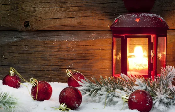 Picture winter, snow, red, background, fire, holiday, balls, Wallpaper, toys, new year, candle, lantern, wallpaper, new …
