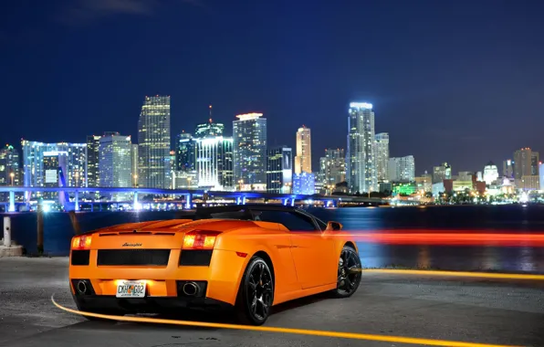 Picture Lamborghini, City, Orange, Gallardo, Sky, Spyder, Supercar, Rear