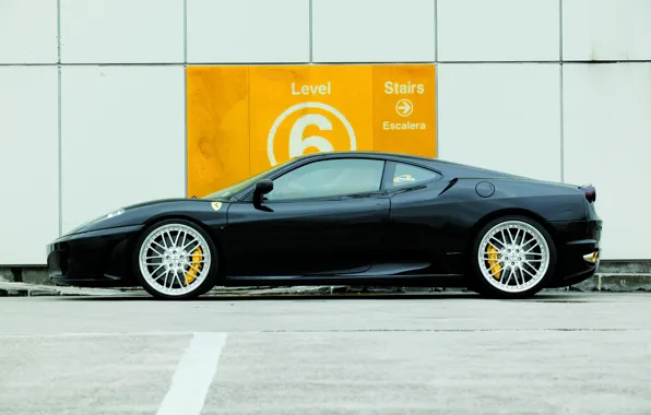 Picture black, profile, Parking, wheels, ferrari, Ferrari, drives, black, f430, F430, six level, sixth level