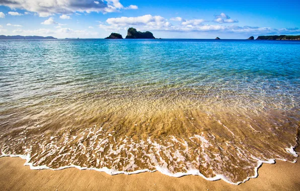 Picture sand, sea, the sky, clouds, rock, horizon, surf, new Zealand, New Zealand, Coromandel Peninsula