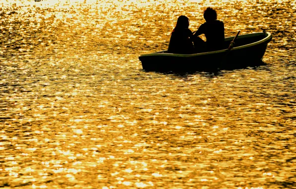 Picture sunset, river, romance, boat, the evening, two