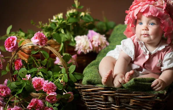 Picture basket, child, roses, girl