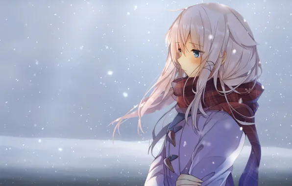 Picture winter, girl, snow, anime, scarf, art, mishima kuron of
