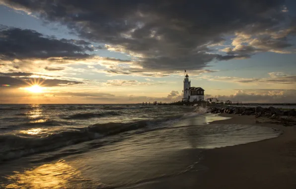 Picture sea, beach, the sun, sunrise, lighthouse, morning, pierce, Spain, Costa Blanca