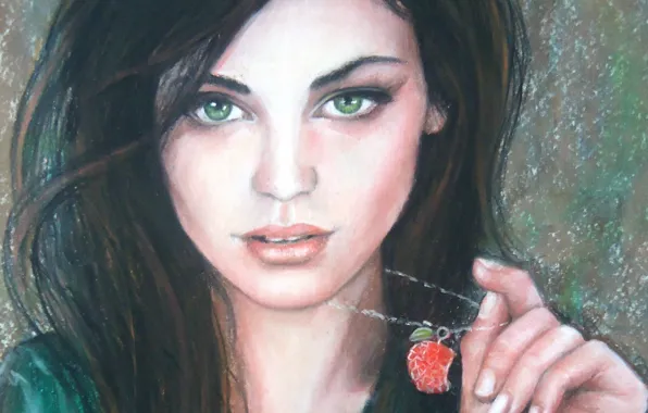 Picture look, girl, face, brunette, painting, green eyes, suspension