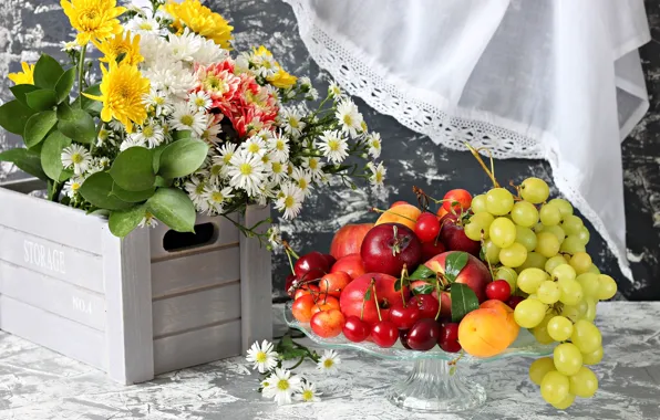 Picture flowers, bouquet, grapes, fruit, apricot, cherry, nectarine