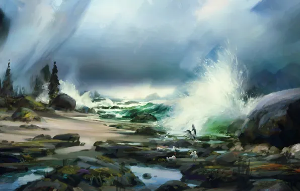 Picture sea, trees, stones, rain, wave, seagulls, surf, painted landscape