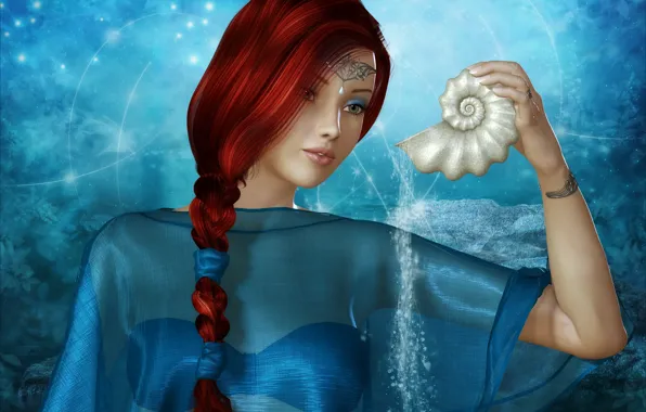 Picture look, water, girl, decoration, face, background, lights, shell, pigtail, red hair, rendering