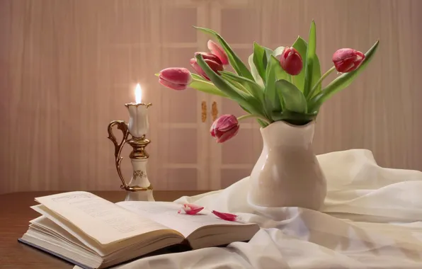 Picture mood, romance, candle, bouquet, tulips, book