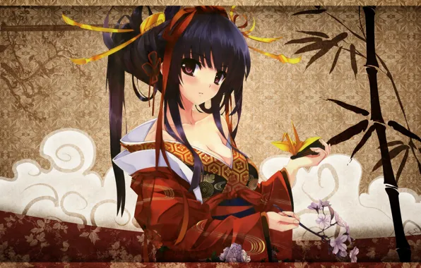 Picture girl, pattern, bamboo, hairstyle, kimono, origami