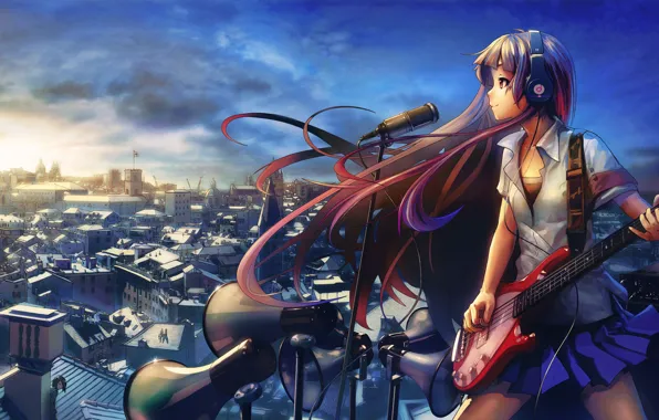 Picture the city, roof, guitar, sky, amplifier, headphones, microphone