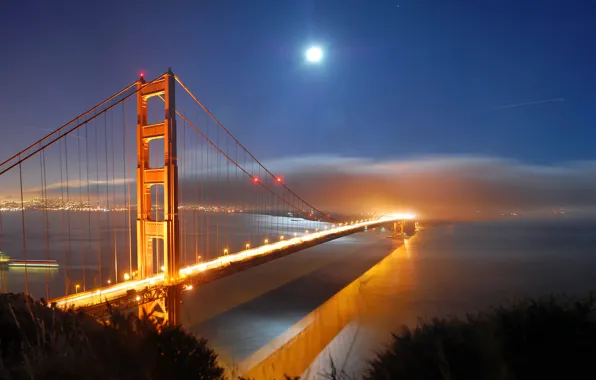 Picture sea, water, light, night, lights, city, the ocean, the moon, view, a month, Golden gate, …
