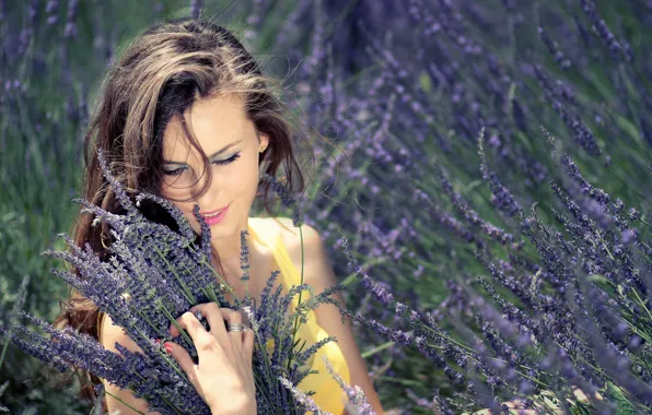 Picture field, summer, girl, nature, brown hair, lavender