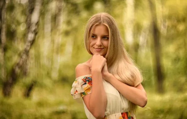 Picture forest, summer, girl, trees, face, smile, sweetheart, portrait, dress, blonde, light, handle, beautiful, the beauty, …