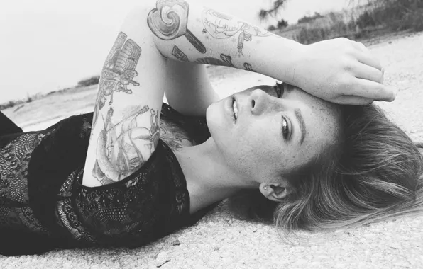 Picture girl, woman, model, tattoo, redhead, black and white, tattoos, Hattie Watson, female, lying, b/w, freckles, …