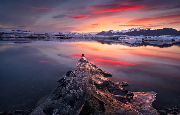 Picture ice, the sky, mountains, nature, lake, dawn