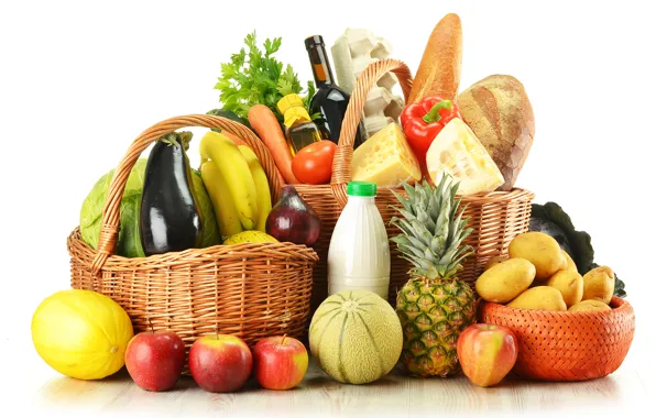 Picture greens, wine, apples, eggs, cheese, bow, bread, bananas, eggplant, bottle, fruit, pineapple, cabbage, melon, basket, …