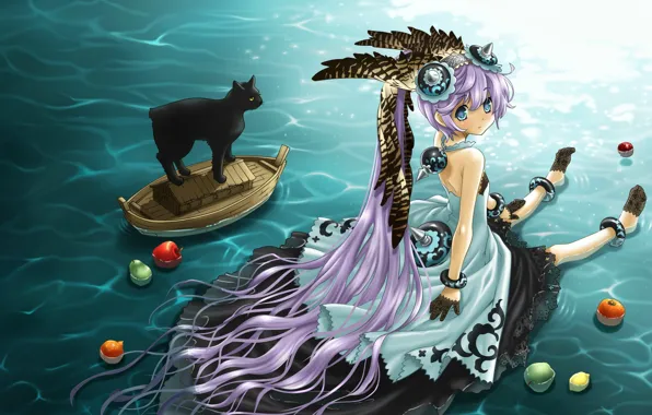 Picture feathers, girl, fruit, long hair, headdress, sitting in the water, black cat, sideways