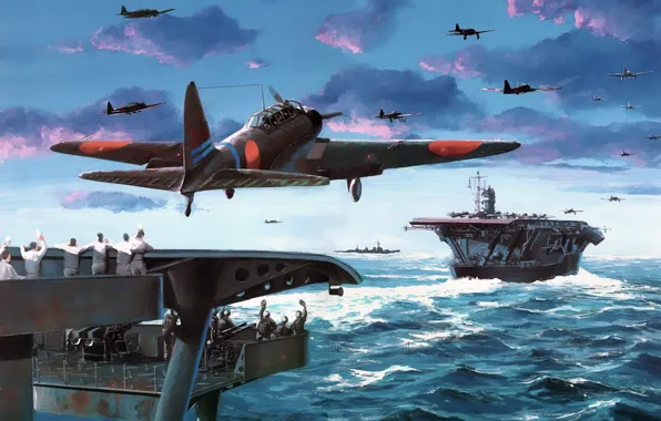 Picture aircraft, war, art, airplane, aviation, japanese, dogfight, carrier