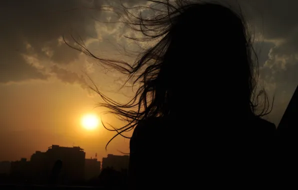 Picture the sky, girl, landscape, sunset, the wind, hair