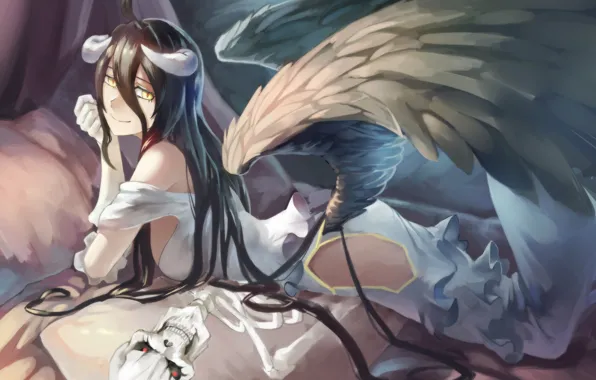 Picture girl, wings, horns, Overlord, anime, art, albedo