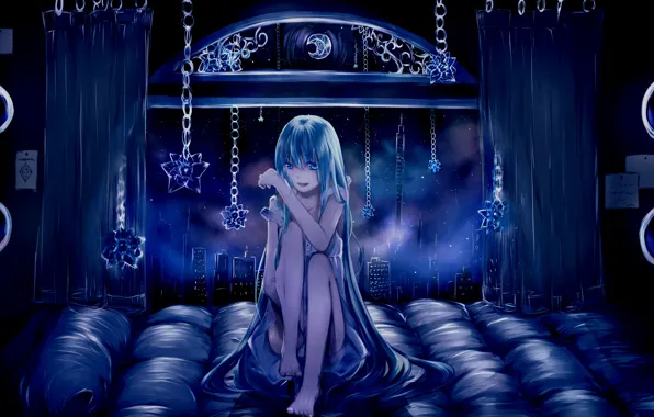 Picture night, the city, lights, anime, window, Vocaloid, Miku